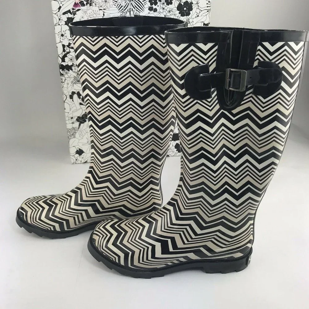 CL By‎ Laundry Chevron Rain Boots Black Beige Size